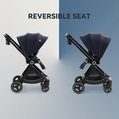 ELITTLE EMU Full-Size Foldable Baby Stroller Full Recline Cockpit Compact Toddler Stroller with Reversible Seat All-Terrain Newborn Infant Pram Carriage for City Outdoor - Dark Blue