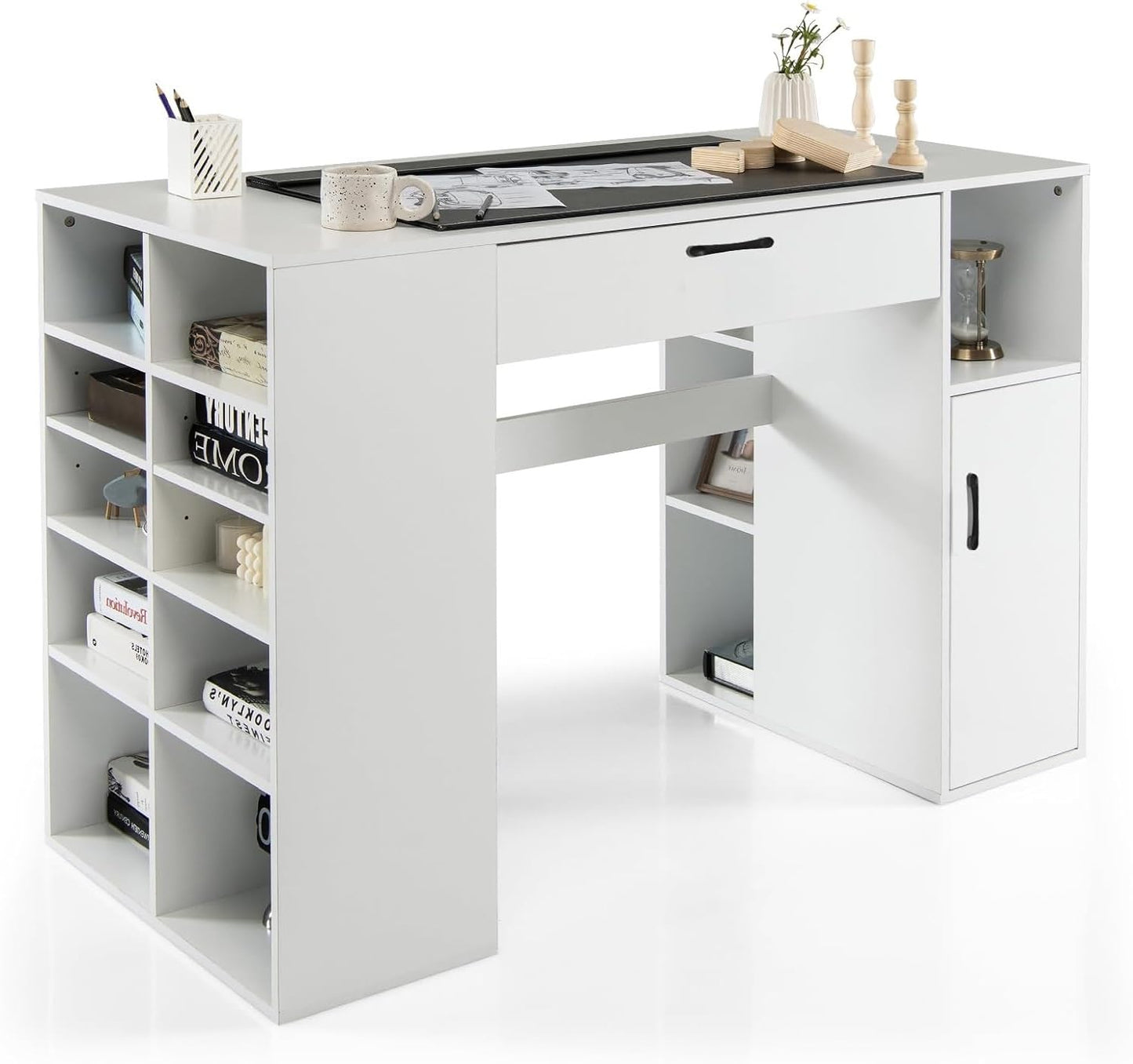 LDAILY Sewing Machine Table, Sewing Desk with Storage, Drafting Writing Sewing Station with Storage Cubes,1 Cabinet, 1 Drawer, 2 Adjustable Shelves, Artwork Craft Table for Home Office, White