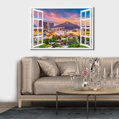 Window View Paintings for Wall, Tucson Arizona Cityscape Canvas Art, 16"Wx24"H, Framed Ready to Hang