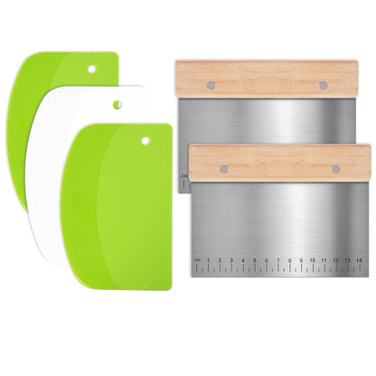 5 Pcs Bench Scraper, Bench Scraper Kitchen 2 Pcs Stainless Steel Dough Scraper with Wood Handle and 3 Pcs PP Food Scraper with Hanging Hole, Multipurpose Bread Dough Cutter for Baking-Green