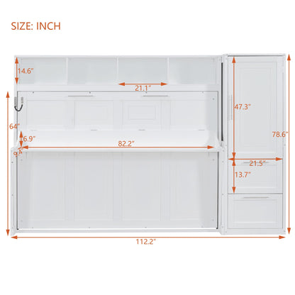 Ball & Cast Murphy Bed Queen Size Wall Beds with Closet and Storage Drawers,Wood Hideaway Platform Bedframe w/Lock,can be Folded,Easy Assembly,for Kids Bedroom,Student Dorms,White