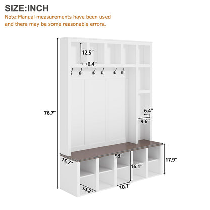 Merax Hall Tree with Bench and Shoe Storage, Farmhouse Wooden Coat Rack with 6 Hooks, Built-in 18 Open Compartments, for Entryway, Living Room, White