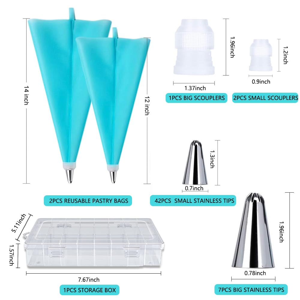 GZMAISULEE 55PCS Piping Bags Tips Set Reusable Pastry Bags and Frosting Tips Cakes Decorating Kit for Cookie Icing, 2 Icing Bags, 49 Icing Tips, 3 Couplers, 1 Storage Box