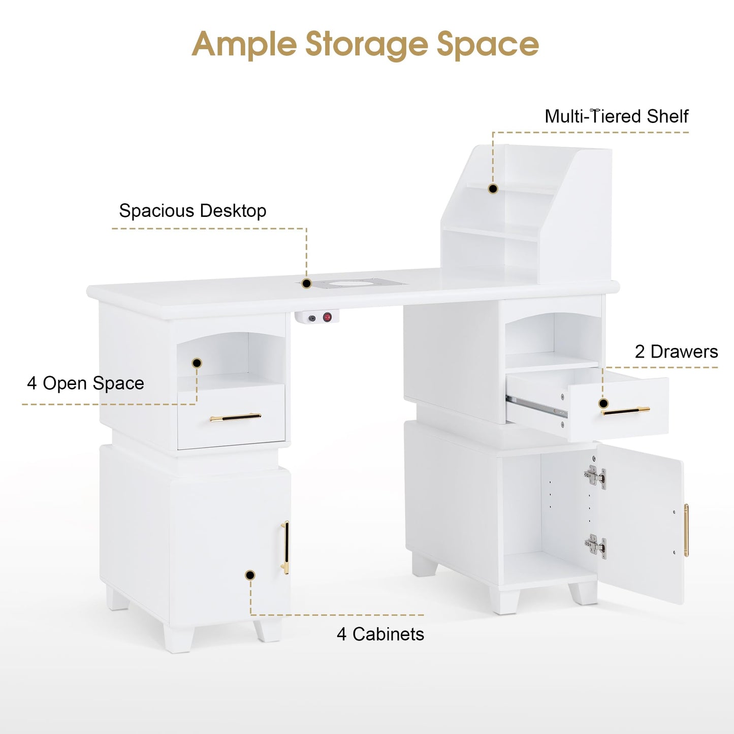 BarberPub Professional Nail Station Desk Manicure Table with Electric Dust Collector, Nail Makeup Desk with Shelves, Storage Beauty Salon Workstation with 4 Drawers Storage Cabinets VC258 (White)