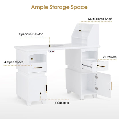 BarberPub Professional Nail Station Desk Manicure Table with Electric Dust Collector, Nail Makeup Desk with Shelves, Storage Beauty Salon Workstation with 4 Drawers Storage Cabinets VC258 (White)