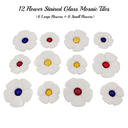 Esweny 12 Flower Stained Glass Mosaic Tiles - 2 Size Floral Petals & Flat Bead Mosaic Glass Pieces for DIY Art Crafts (White)