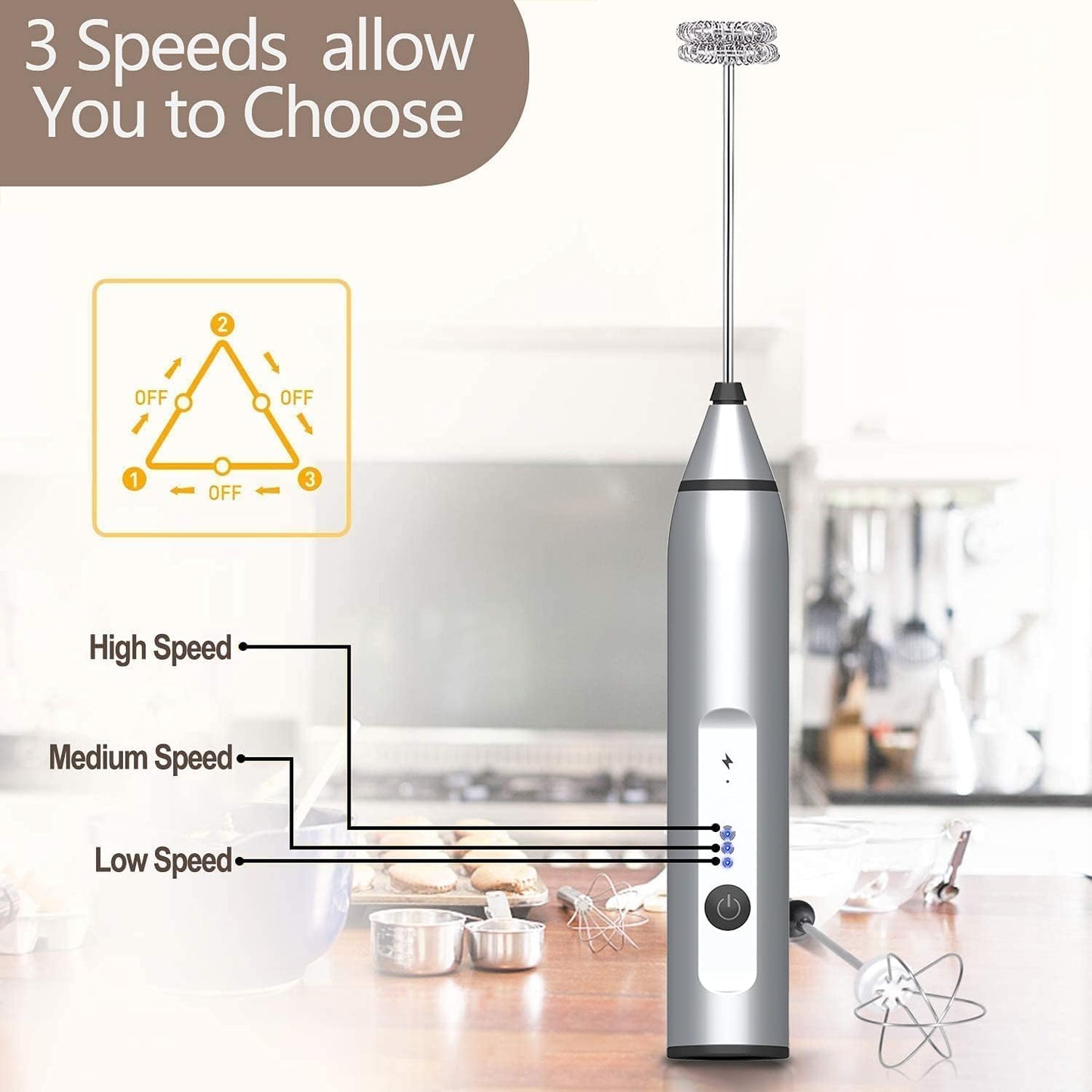 Electric Egg Blender, USB Rechargeable Handheld Egg Beater, Milk Frother for Coffee, Latte, Hot Chocolate (Silver)