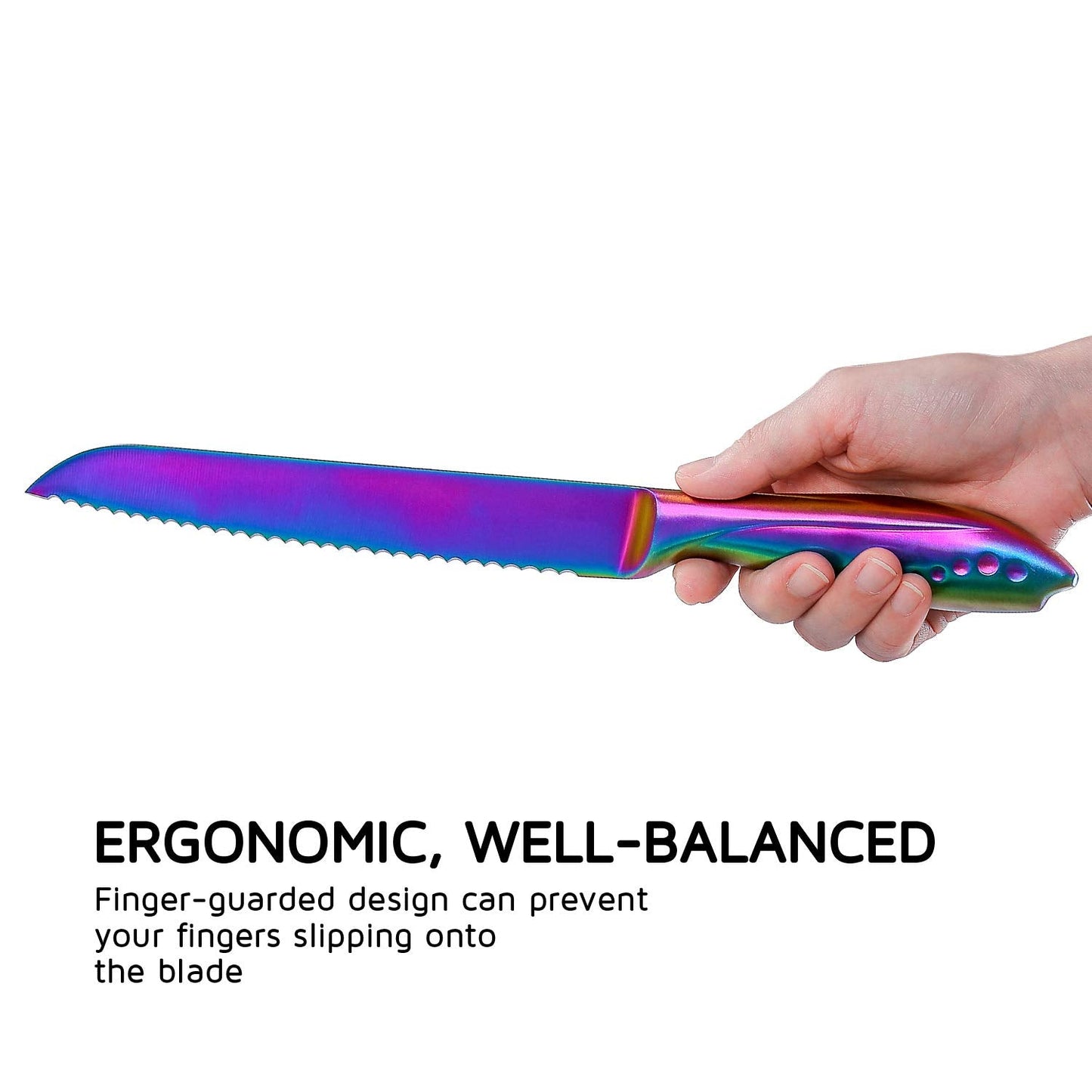 WELLSTAR Bread Knife 8 Inch, Serrated Bread Cutter, Ultra Sharp German Stainless Steel Blade and Comfortable Handle with Rainbow Titanium Coated for Slicing Breads Loaves Bagel Cake and Large Fruit