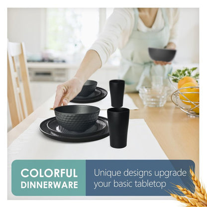 Teivio 64-Piece Kitchen Plastic Wheat Straw Dinnerware Sets for 16, Dinner Plates, Dessert Plate, Cereal Bowls,13.5oz Cups, Unbreakable Outdoor Camping Party Dishes, Apartment Dinning Essentials,Black