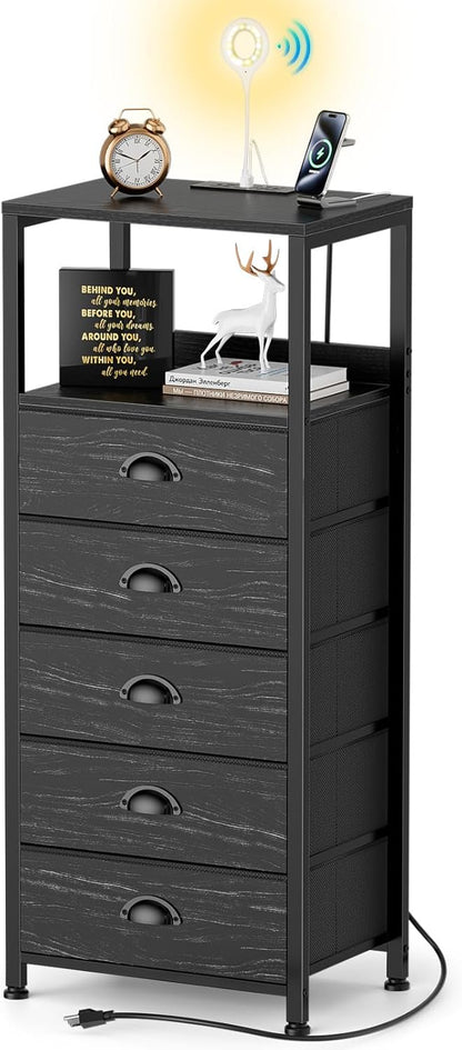 5-Drawer Dresser with Charging Station & Voice Control LED Light, Modern Bedside Table with USB/Type-C Ports