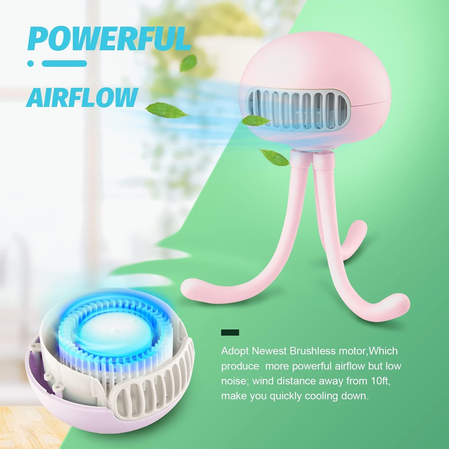 Portable Bladeless Fan - Mini Handheld Fan with Flexible Tripod, Clip-on for Stroller, Car Seat, Crib, Bike and Desktop - 3 Speeds, Rechargeable Battery Operated (Pink)