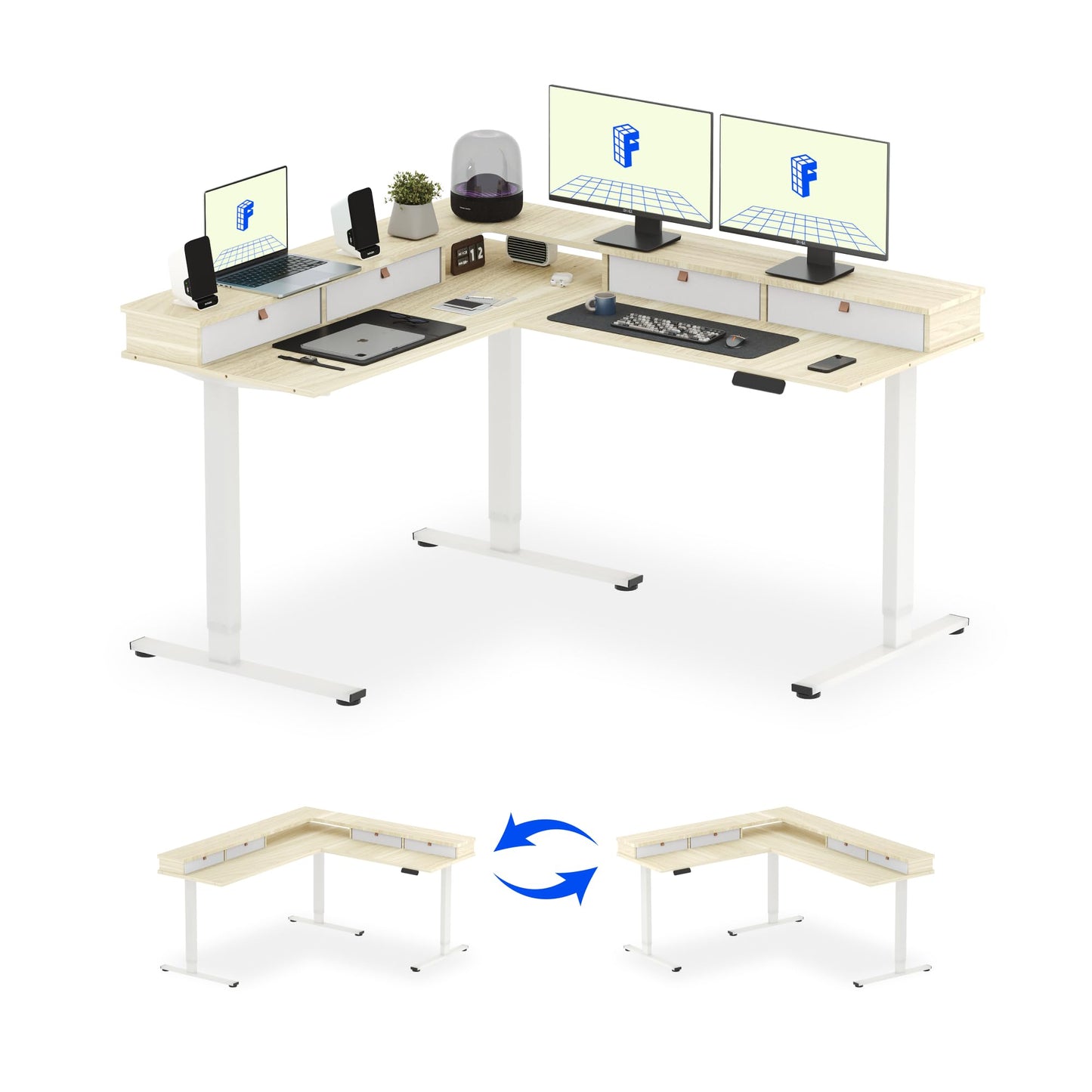 FLEXISPOT 63" L Shaped Standing Desk with Shelf Electric Corner Table, Drawers, Adjustable Computer Workstation for Home, Office, 63x55in, Light Maple Top + White Frame
