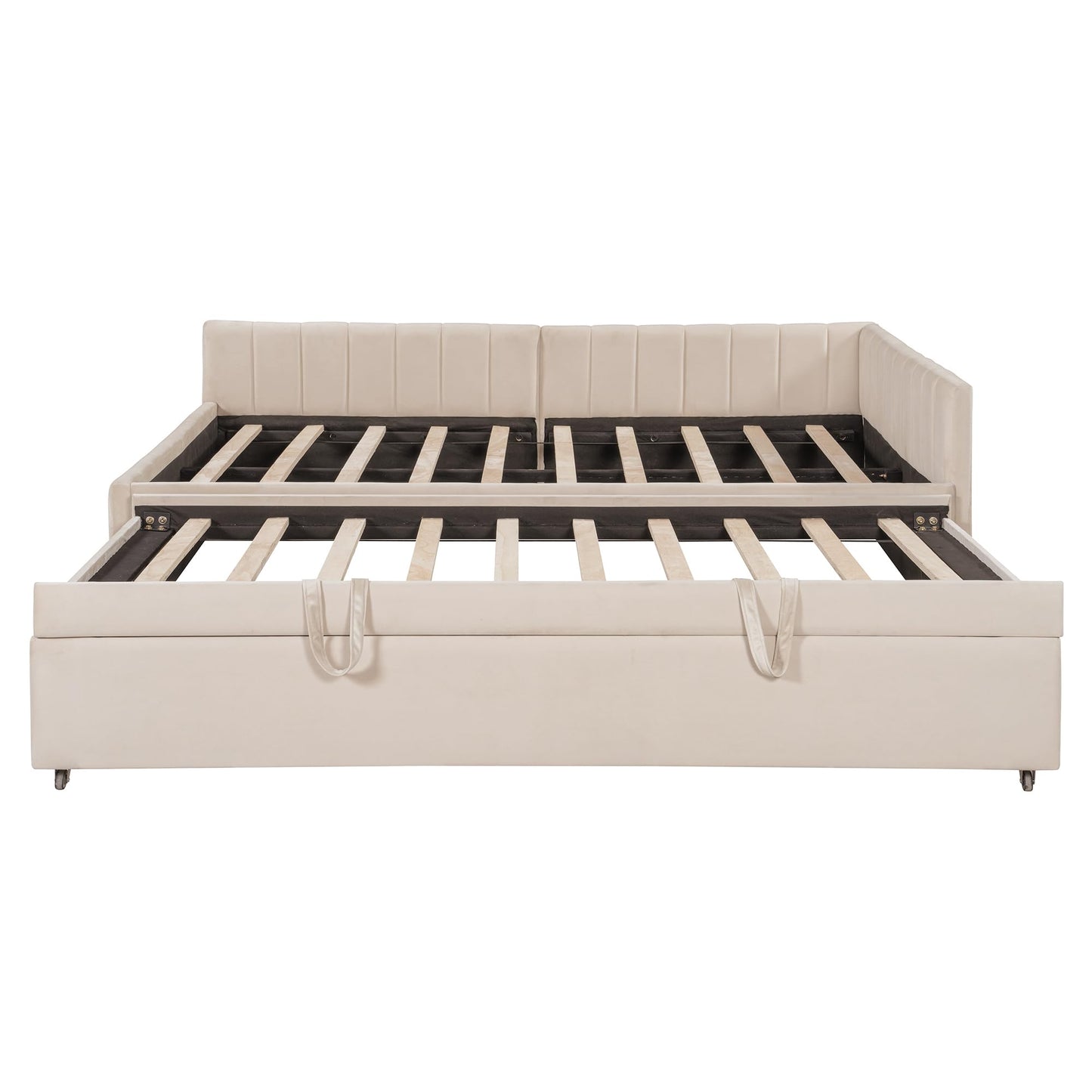 GDFStudio Full Size Upholstered L-Shaped Daybed with Pop Up Trundle, Vertical Stripe Design, Padded Backrest, No Box Spring Needed, Beige