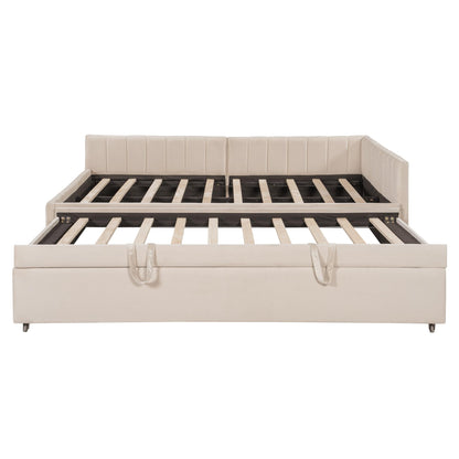 GDFStudio Full Size Upholstered L-Shaped Daybed with Pop Up Trundle, Vertical Stripe Design, Padded Backrest, No Box Spring Needed, Beige