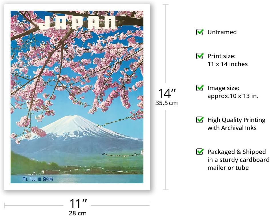 Japan - Mount Fuji in Spring - Vintage Travel Poster c.1960s - Cherry Tree Blossoms Fine Art Print (Unframed) 11x14in