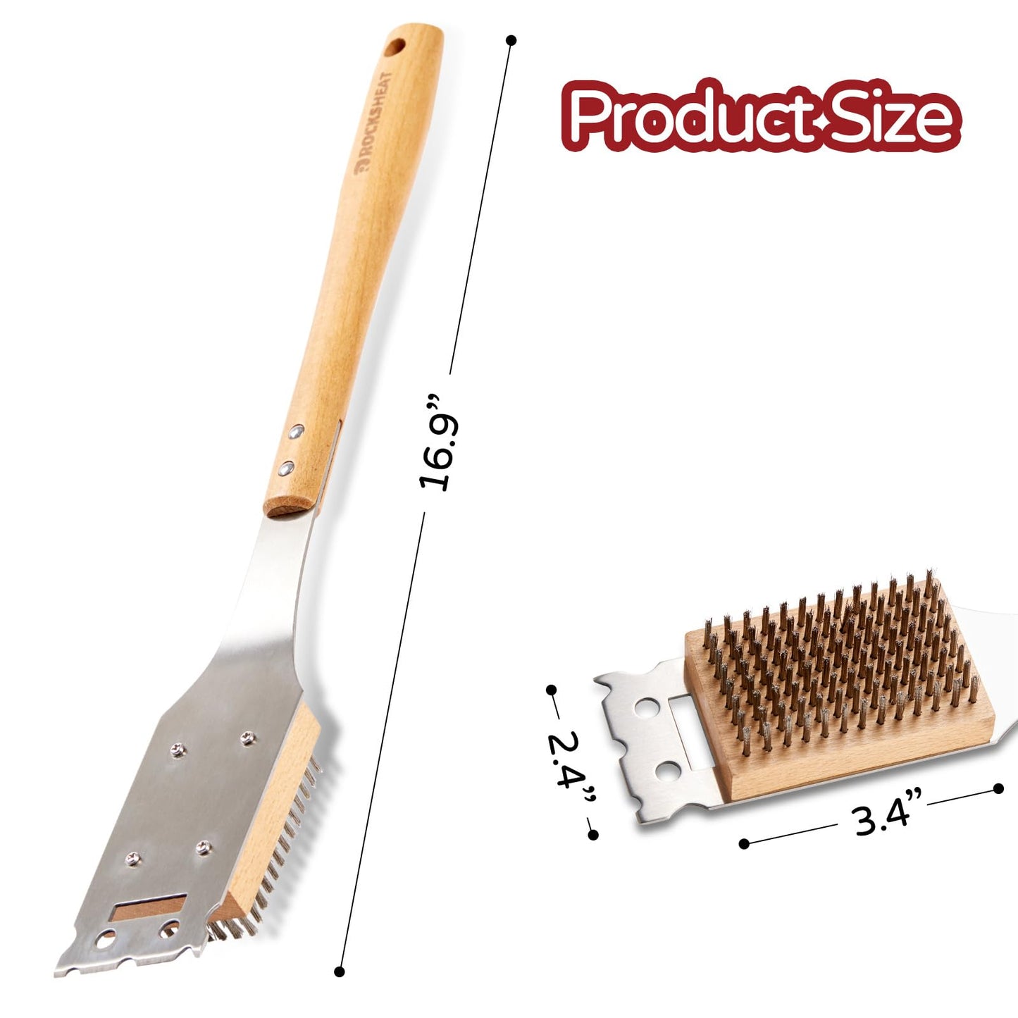 ROCKSHEAT Pizza Oven Brush, 16.9 Inch Grill Cleaning Brush with Scraper, Stainless Steel Bristles with Beech Wood Handle, 2 in 1 Pizza Stones Brush, Ourdoor Pizza Oven Accessories, Heat Resistant