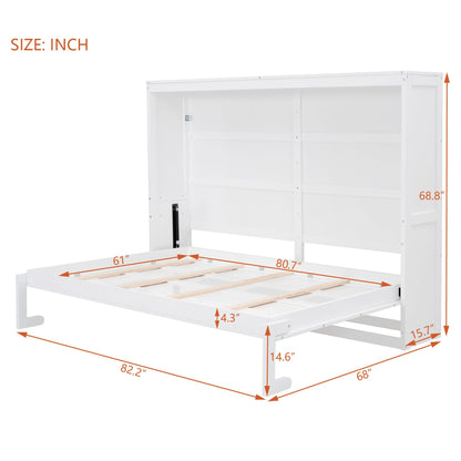 Ball & Cast Murphy Bed Queen Size,Farmhouse Murphy Cabinet with Storage Shelf,Wood Hidden Wall Bed,Foldable Platform Bed,Space-Saving,No Box Spring Needed,White