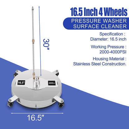 16.5" Pressure Washer Surface Cleaner for Karcher,Stainless Steel Power Washer Attachment with 4 Wheels,2 ExWands,2 Replacement Nozzle, 1/4" Quick Connector,5000 PSI (16.5")