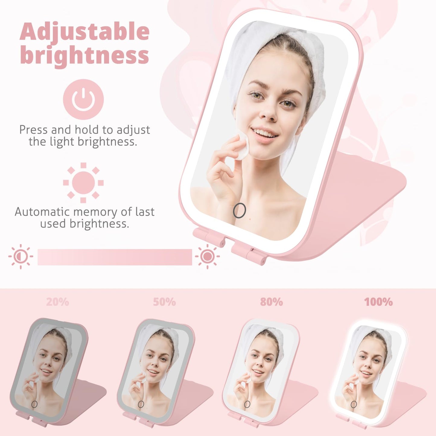 Travel Makeup Mirror, Portable Mirror with 3 Adjustable Light Settings, USB-Rechargeable Vanity Mirror with Lights，Gift for Women and Girls