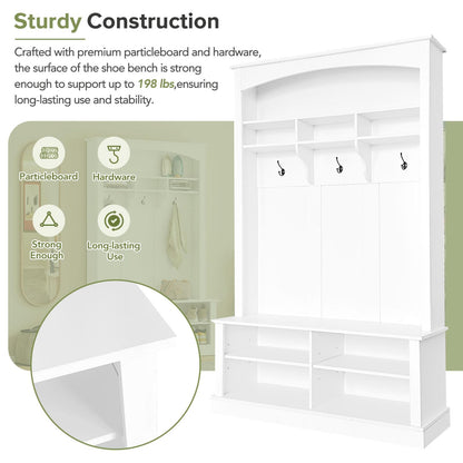 HEIDOUHEI Hall Tree with Bench Shoe Storage Entryway Coat Rack 47.2'' Wide Multi-Functional 3 Hanging Hooks Open Space Rectangle Shelves Farmhouse Boho Furniture Organizer Hallway