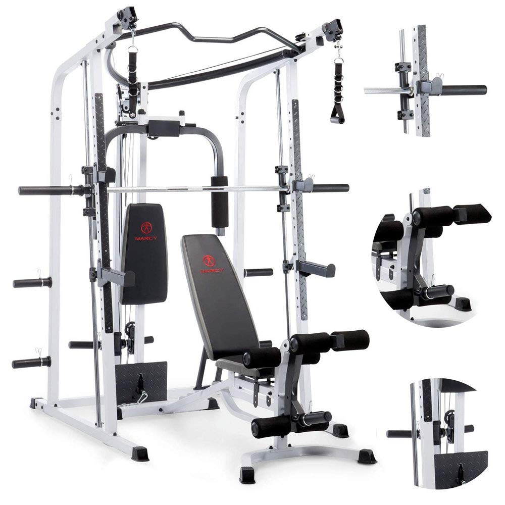 Marcy Pro Smith Cage Workout Machine Full Body Training Home Gym Equipment System with Leg Developer, Press Bar, PEC Deck, and Squat Rack, White