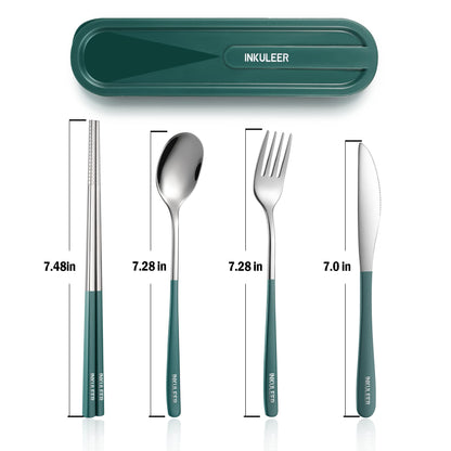 Travel cutlery set, 18/8 stainless steel cutlery, Reusable utensils set with case, Portable Silverware Lunch Box for Camping and Office (Green/knife set)