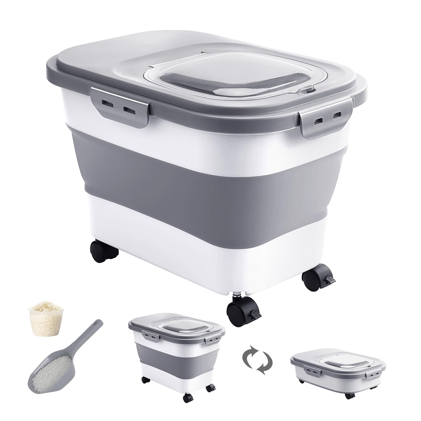 DDMOMMY 20-30 Lbs Rice Storage Container,Collapsible Food Storage Containers with Rolling Wheel Airtight Locking Lid,Flour Storage Container with Cup and Scoop,Suitable for Food,Rice,Pet Food,Flour