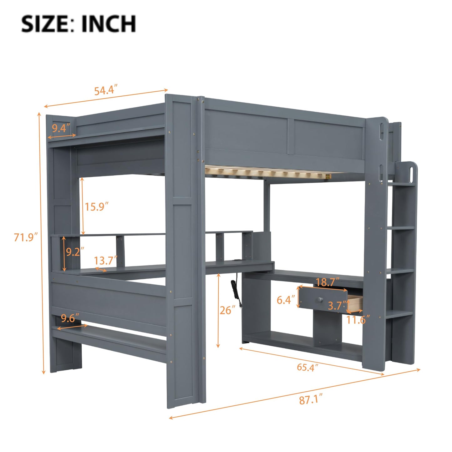 Merax Loft Bed Full Size with Gaming Desk, Mulfunctional Wood Loft Bed with Storage Shelves, Drawer and Charging Station, for Teens Adults (Dark Grey)