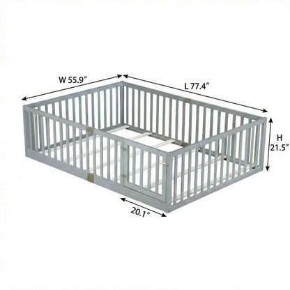 KEIKI Full Floor Bed Frame with High Fence Guardrail, Solid Wood Montessori Kids Bed, Pine Wood Platform Floor Bed with Storage Racks, White