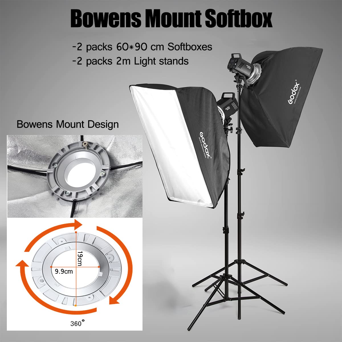 2pcs Godox MS300 600W Studio Strobe Flash Kit Bowens Mount Lighting,2.4G Wireless GN58 5600K Monolight with 150W Modeling Lamp,RT-16 Flash Trigger,Light Stands,Softbox,Umbrellas,Reflectors