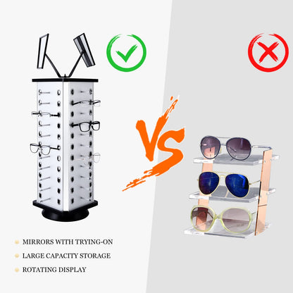 VARIPOWDER 360° Rotating Sunglass Display Stand – Sunglasses Organizer for Commercial & Home Use, Eyeglass Holder Stand, Space-Saving Sunglasses Display Rack with Mirror for 44 Pairs of Glasses