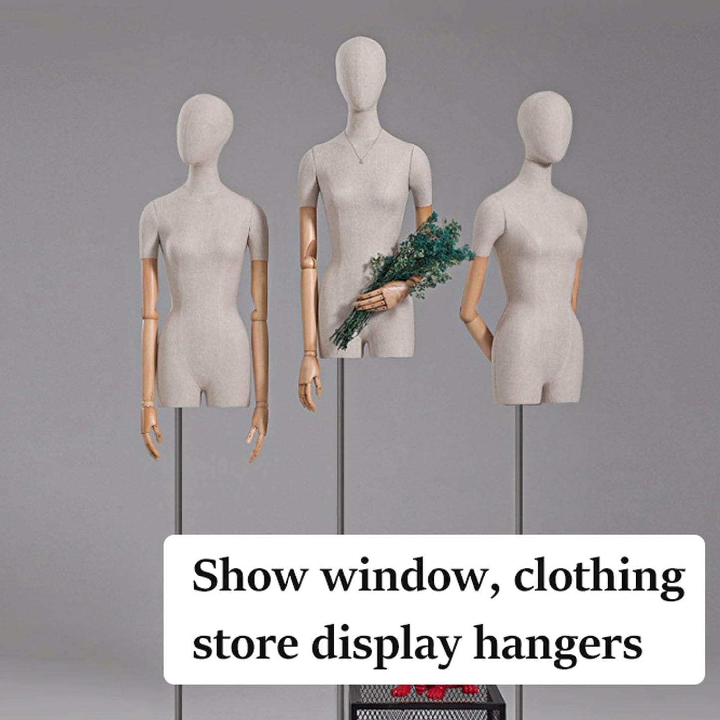 CZCZC Countertop Premium Mannequin with Metal Stand,Linen Female Mannequin,Adjustable Dress Mannequin,Flexible Form Mannequin Torso Wooden Arm Display