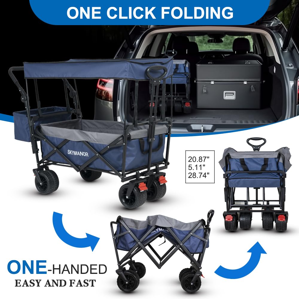 SKYMANOR Collapsible Wagon with Removable Canopy, 3-in-1 Heavy Duty Garden Cart with Big All-Terrain Wheels, Brakes, Adjustable Push Pull Handle, Cooler Bag, 300LBS Wagon Cart for Camping (Blue)