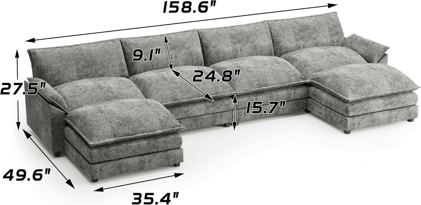 Shahoo Sectional Modular Sofa U Shaped Chenille Fabric Couch with High Supportive & Soft Sponges and Removable Ottoman, Sleeper Comfy Upholstered Furniture for Living Room, Dark Grey