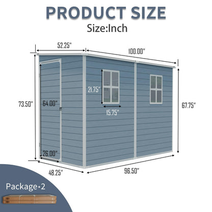 4FT x 8FT Resin Outdoor Storage Shed with Windows and Ventilation, Lockable Garden Tool Shed with Sloping Roof, Weather Resistant Backyard Storage House for Patio Lawn, Grey
