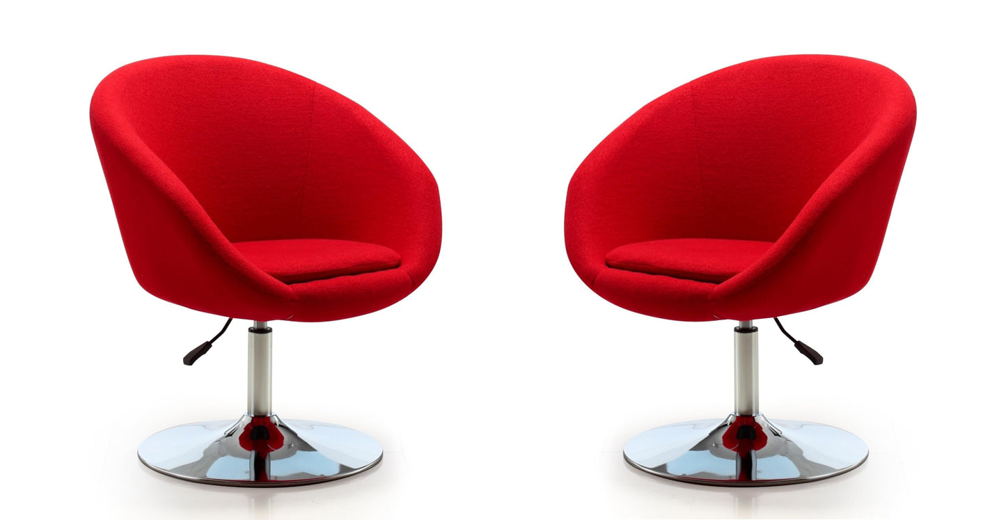 Manhattan Comfort Hopper Adjustable Swivel Accent Chair Set of 2 with 360° Turn, Upholstered Seat, Polished Chrome Base, Modern Bowl Design for Home Office and Living Room, Red Wool Blend