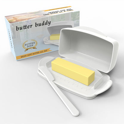 Butter Dishes with Lid for Countertop Refrigerator, Plastic Butter Dish Flip Top Lid Butter Container with Spreader, Non-Slip Bottom Butter Holder Keeper (White)
