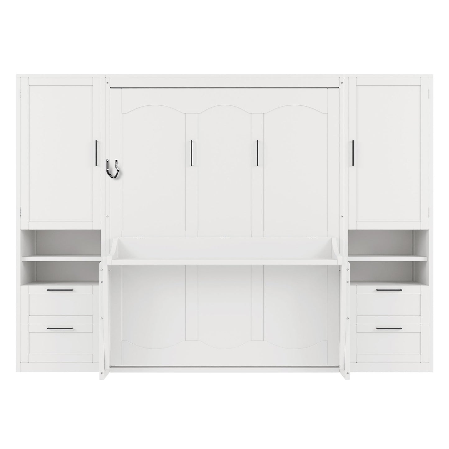 Merax Queen Size Murphy Bed with Desk, Multifunctional Foldable Wall Bed with Closet, Drawers and Shelves, Space-Saving Wood Platform Bed Frame for Small Spaces Studio Study Office Guest Room, White