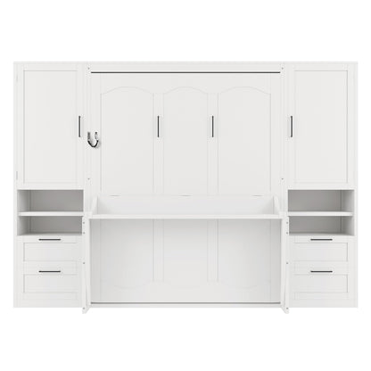 Merax Queen Size Murphy Bed with Desk, Multifunctional Foldable Wall Bed with Closet, Drawers and Shelves, Space-Saving Wood Platform Bed Frame for Small Spaces Studio Study Office Guest Room, White