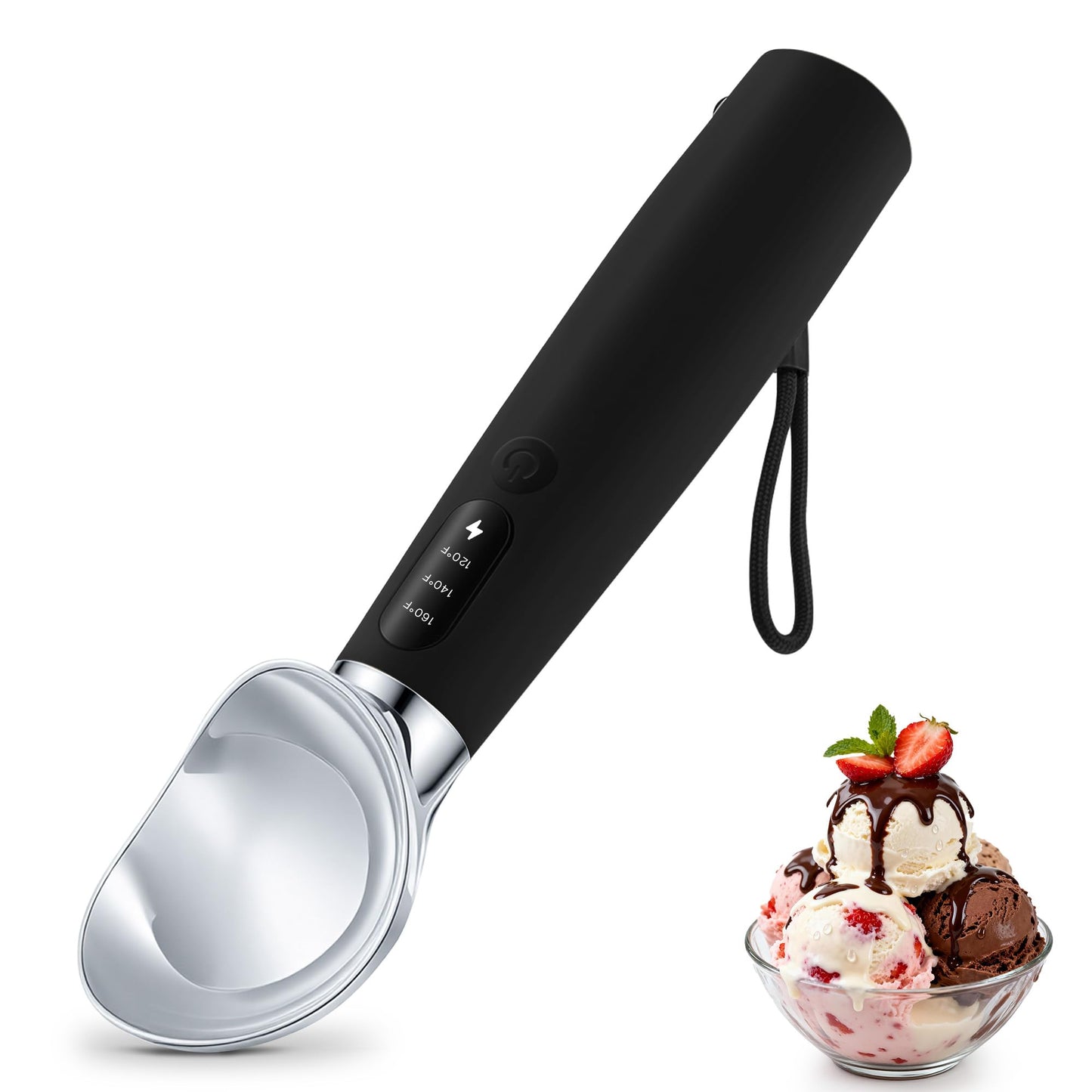 VRAIKO Heated Ice Cream Scoop | Electric Icecream Scooper with 3-Level Adjustable Heats - 120/140/160℉, LED Display, 2600mAh Capacity, Rechargeable | for Hard Ice Cream and More (Black)
