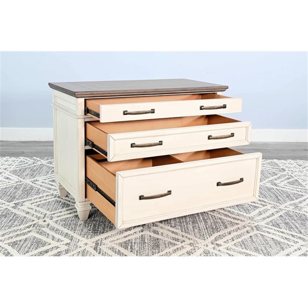 Pemberly Row Solid Wood Lateral File Cabinet, Two-Tone White and Brown Finish, Traditional 3-Drawer Design, Durable Office Storage, Contemporary Style for Home or Office