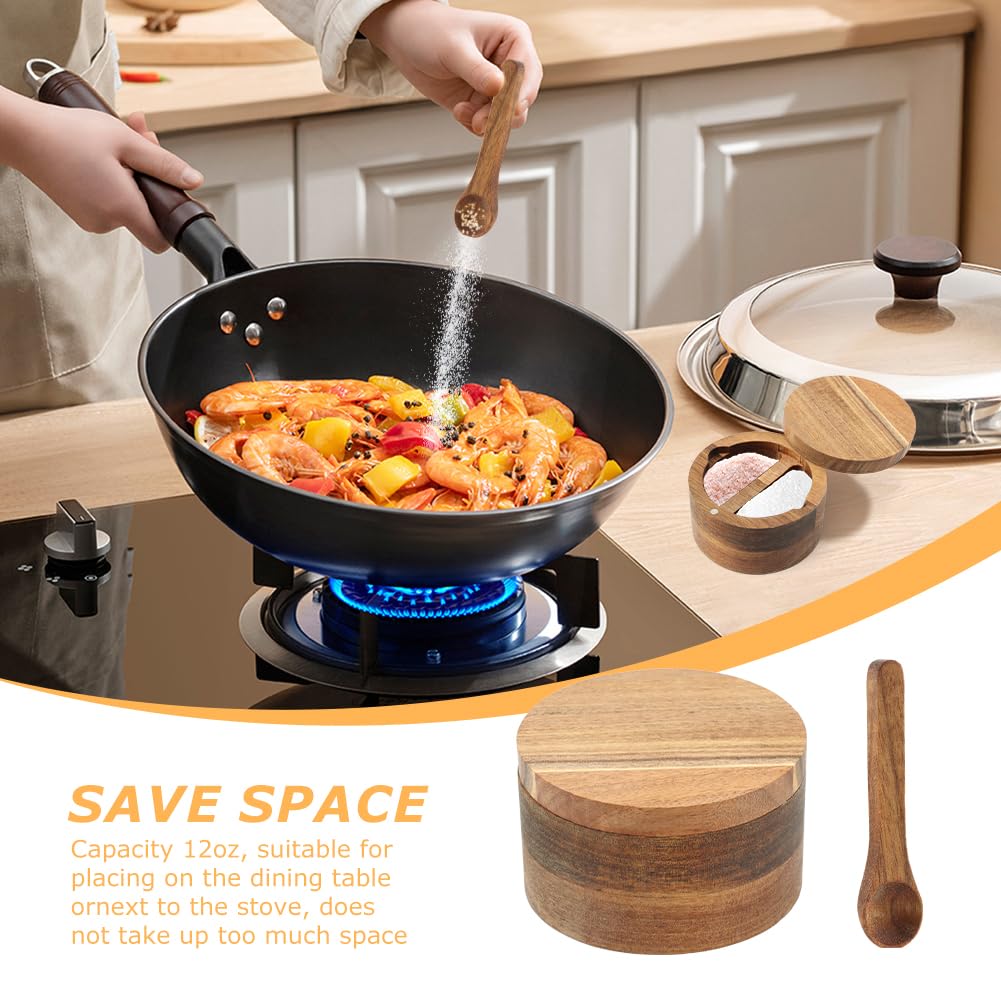 Velarionna Wood Salt and Pepper Bowl, AcaciaWood Salt Cellar with Built-in Spoon and Magnetic Swivel Lid, Container Holder to Storage Pepper Spice(SIZE:L)
