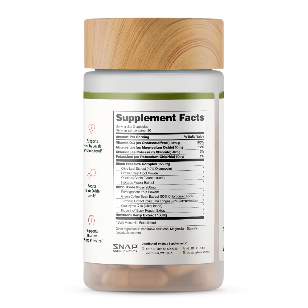 Snap Supplements Heart Health Support Supplement with Coq10, Organic Beet Root Powder, Hawthorn Berry, Turmeric and Odorless Garlic, Supports Nitric Oxide Level, Circulation and Flow, 90 Capsules