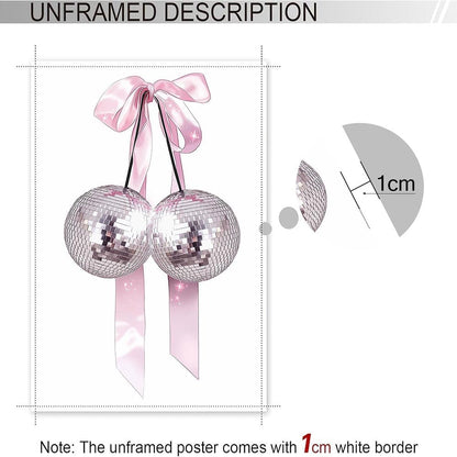 Generic 12x18in Trendy Pink Bow Disco Ball Posters White Cherry Canvas Wall Art Funky Coquette Bow Ribbon Preppy