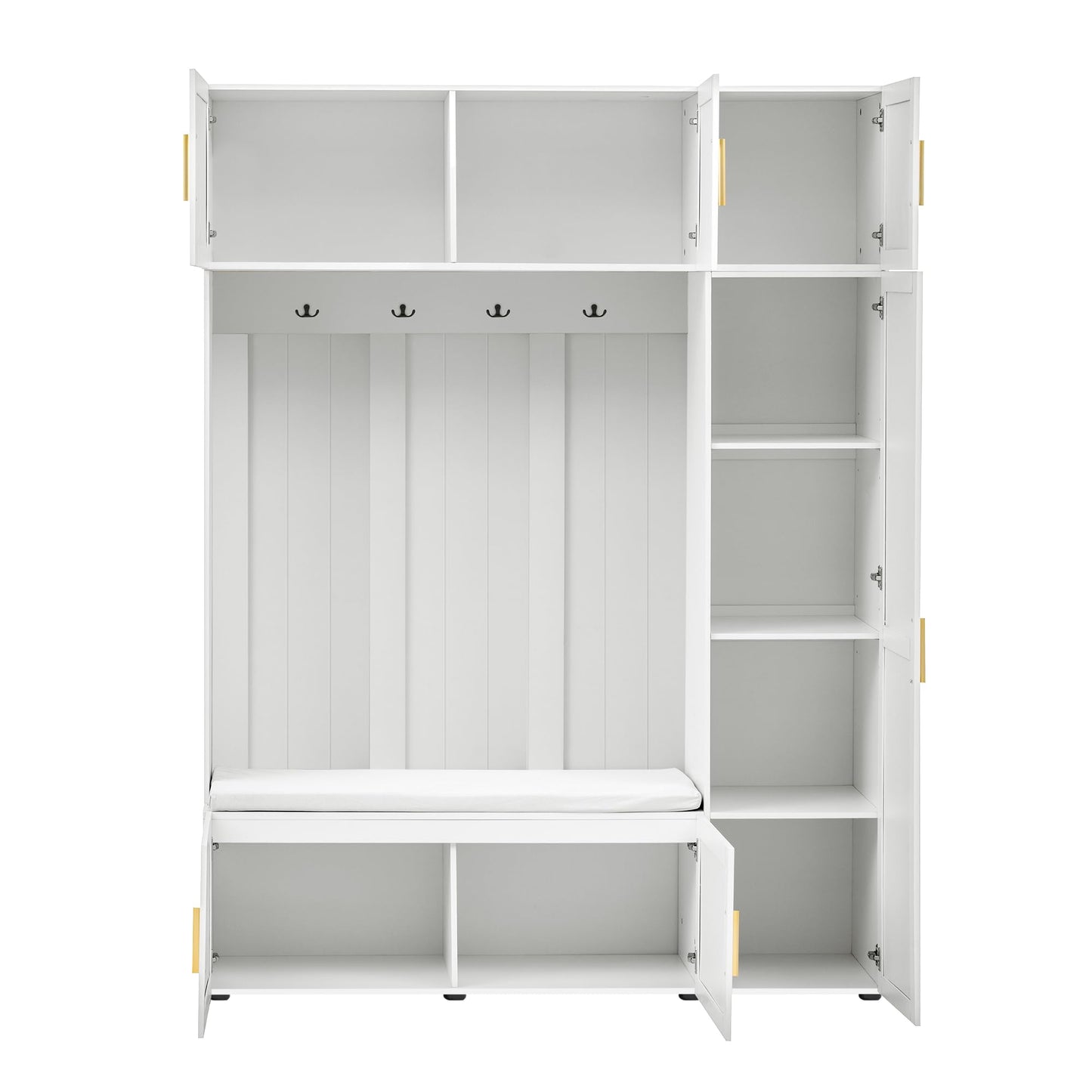 Merax 4-in-1 Hall Tree with Padded Bench, Coat Hooks, and Multi-Tier Storage Shelves – American Style Entryway Organizer for Shoes, Bags, Hats, and Daily Essentials, White