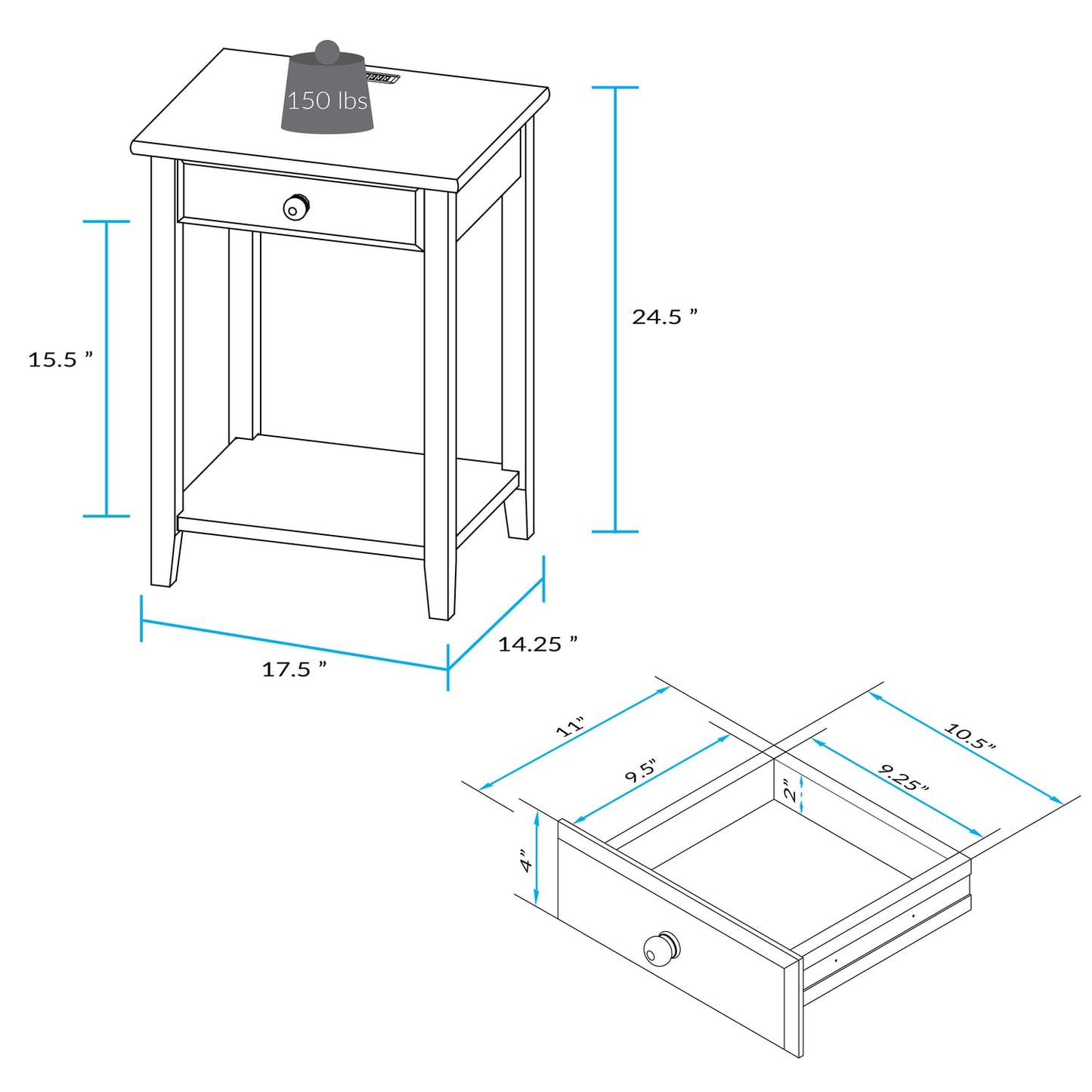 Casual Home Owl Night Stand with USB Port Charging Station and Drawer, 17.5" W x 14.25" D x 24.5" H, Natural Gray