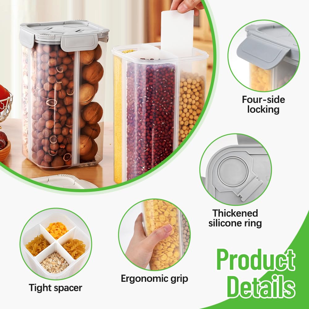2 Packs Pasta Cereal Storage Containers, 2.5L Airtight Grain Dispenser with Lids, Spaghetti Container Storage with 4 Compartments for Noodle, Rice, Nuts, Flour, Beans