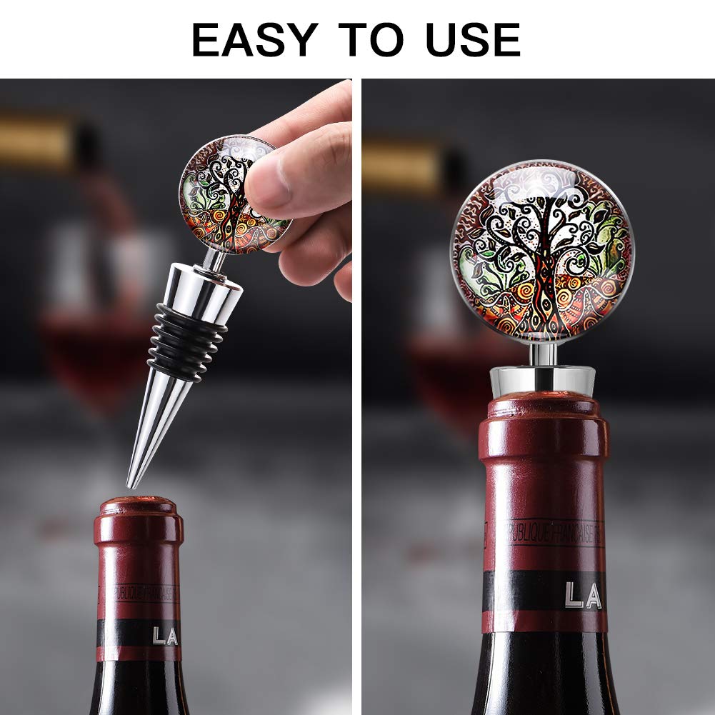 Soleebee 3 Pack Decorative Wine Stoppers, Wine Bottle Stopper with Beautiful Art Glass, Reusable Beverage Bottle Stoppers for Bar, Gifts, Holiday Party, Kitchen Decor (Tree of Life)