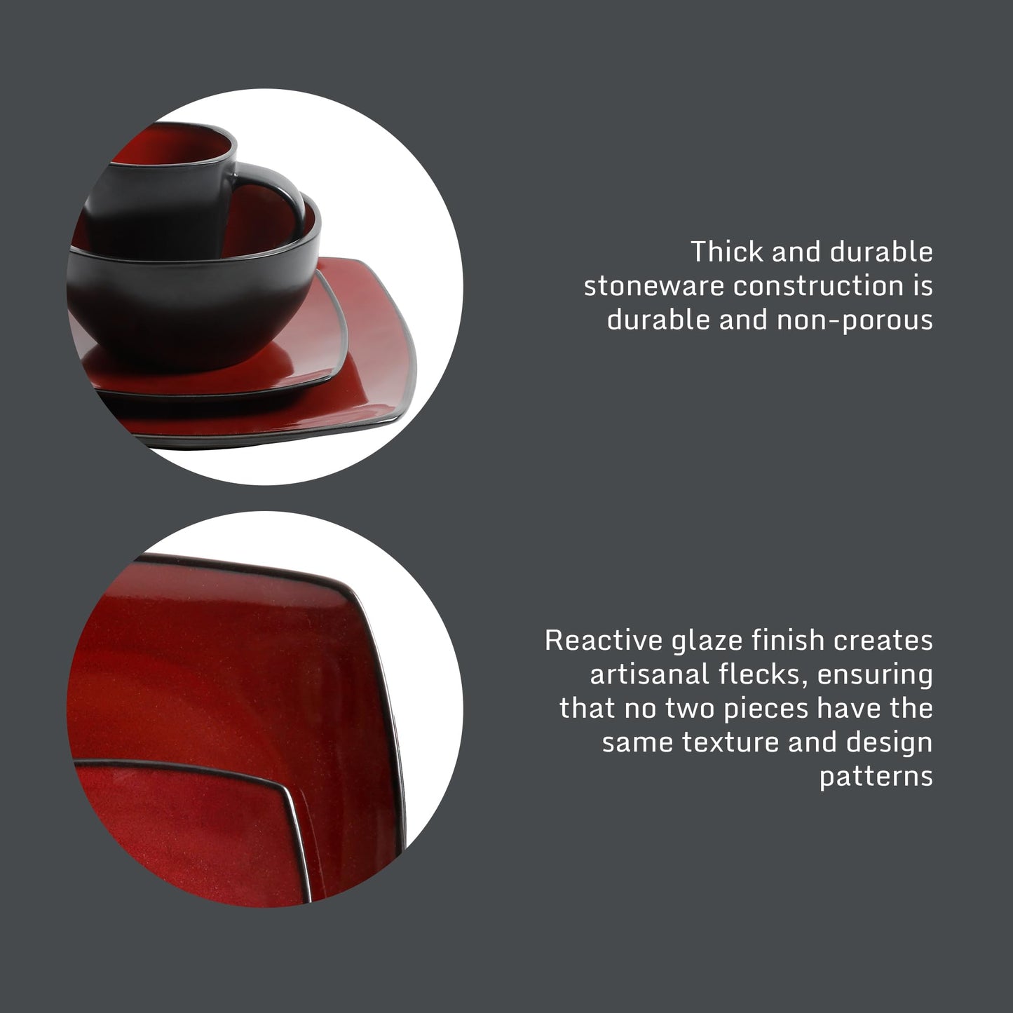 Gibson Elite Soho Lounge Square 16-Piece Dinnerware Set, Service for 4, Reactive Glaze Stoneware Plates and Bowls, Modern Dishes, Microwave & Dishwasher Safe – Red and Black