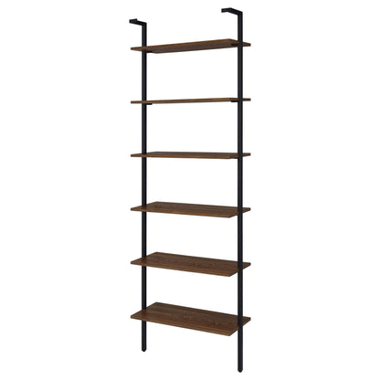 Coaster Home Furnishings - Owens - Wood and Metal - 6-Shelf Wall Mounted Bookshelf with Ladder Design and Transitional Style - Home Office & Living Room - 96-Inch - Walnut & Black - 980072